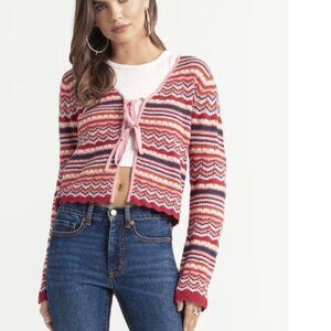 Y2K Crochet Knit Tie Front Top S NWT Colorful Stripe Flare Sleeve Spring 2000s